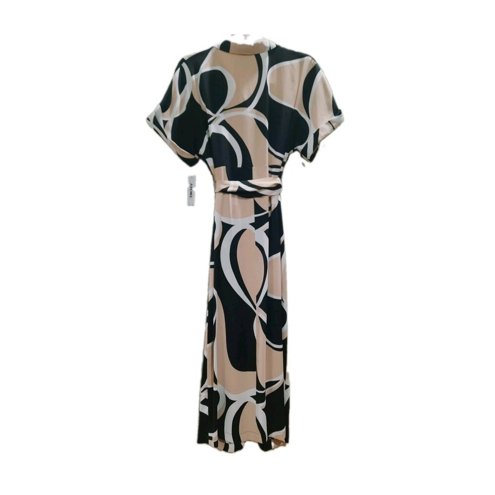 DKNY Abstract Geo Print Midi Shirt Dress Neutral Earthy Mod Retro Chic Size 12 - Picture 7 of 12